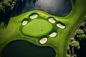 Immaculate Putting Green and Hole with Golfers in the Background Waiting Expectantly AI Generative photo