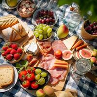 Aerial view of a summer picnic showcasing outdoor dining on a checkered blanket photo