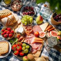 aéreo ver de un verano picnic exhibiendo al aire libre comida en un a cuadros cobija ai generativo foto