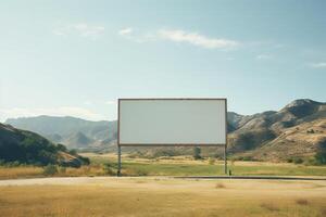 Rural tranquility featuring a blank billboard frame against rolling hills, untapped advertising potential photo