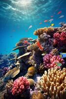 Enchanting underwater scene of a vibrant, multi-colored coral reef teeming with diverse fish photo