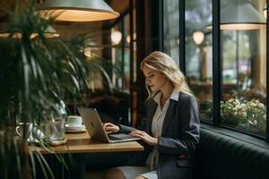 Businesswoman in formal attire working at a cafe with large glass-window copyspace for branding opportunities AI Generative photo