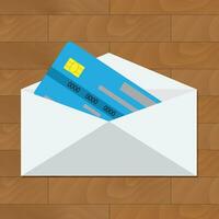 Open credit card. Get card in envelope. Credit card in envelope, banking financial service illustration, vector card with money