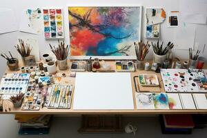 Artist's workspace with blank canvas and art supplies AI Generative photo