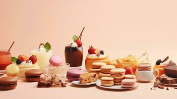 global postre popurrí un cautivador aplanada de Tiramisu macarons y baklava ai generativo foto