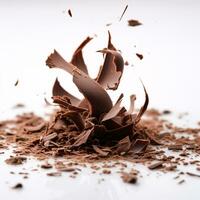 Tantalizing Macro Shot of Chocolate Shavings Unfurling from Block on White Background AI Generative photo