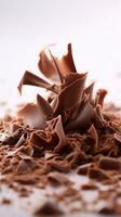 Tantalizing Macro Shot of Chocolate Shavings Unfurling from Block on White Background AI Generative photo