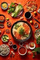 un internacional banquete desde arriba, un unificando untado de Sushi, pasta, y tacos en un vibrante Manteles ai generativo foto