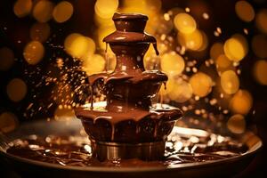 Chocolate Fountain Gushing Against Illuminated Backdrop with Left Copyspace AI Generative photo