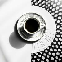 aéreo ver de humeante café taza en geométricamente estampado superficie con amplio Copiar espacio ai generativo foto