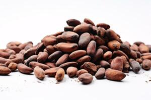 etéreo de cerca de cacao frijoles en contra crujiente blanco antecedentes con izquierda copyspace ai generativo foto