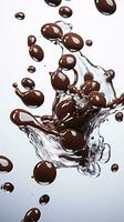 dinámica capturar de dispersado chocolate gotas en brillante reflexivo superficie ai generativo foto