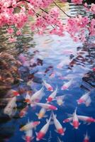 etéreo imagen de un tranquilo koi estanque rodeado por floreciente Cereza flores ai generativo foto