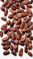 Ethereal Close-up of Cocoa Beans Against Crisp White Background with Left Copyspace AI Generative photo