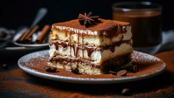 A closeup magazine quality shot of a beautifully layered tiramisu with creamy mascarpone and dusted cocoa  AI Generated photo