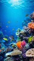 Enchanting underwater scene of a vibrant, multi-colored coral reef teeming with diverse fish photo