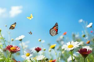 grupo de mariposas revoloteando terminado un prado de flores silvestres debajo un despejado azul cielo ai generativo foto