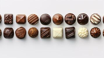 Assortment of Diverse Chocolate Bonbons Against Luminescent Neutral Background AI Generative photo