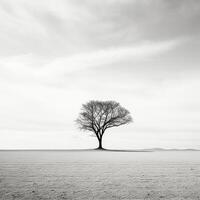 Lone tree casting shadows against stark white background AI Generative photo