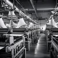 Modern textile factory with automated looms weaving patterns photo