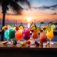 Array of Vibrant Exotic Cocktails against Tropical Beach Backdrop at Dusk AI Generative photo