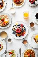 Overhead view of communal breakfast scene, highlighting shared meals in morning sunlight photo