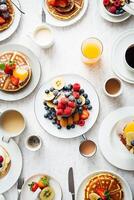 Overhead view of communal breakfast scene, highlighting shared meals in morning sunlight AI Generative photo