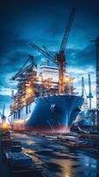 Twilight capture of a massive cargo ship under construction in dry dock photo