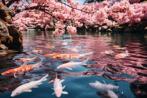 Ethereal image of a tranquil koi pond surrounded by blooming cherry blossoms photo