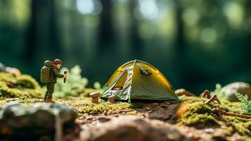 Comedy in Wilderness - Hiker's Amusing Attempt at Toy Tent Pitching AI Generative photo