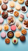 Global dessert medley a captivating flat-lay of tiramisu macarons and baklava AI Generative photo