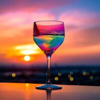 Breathtaking Sunset View with a Colorful Layered Cocktail Glass Offering Copy Space AI Generative photo