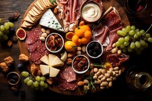 Bird's-eye view of gourmet charcuterie board with meats cheeses fruits and nuts photo