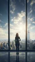 Backshot of a female leader against a panoramic window and expansive cityscape with ample copyspace AI Generative photo