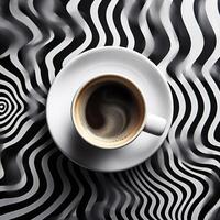 Aerial View of Steaming Coffee Cup on Geometrically Patterned Surface with Ample Copy Space photo
