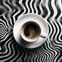 Aerial View of Steaming Coffee Cup on Geometrically Patterned Surface with Ample Copy Space AI Generative photo