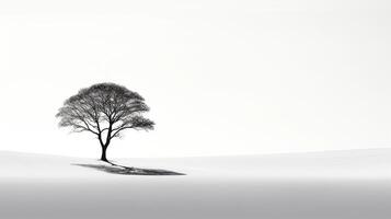 Lone tree casting shadows against stark white background photo
