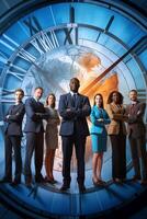 Diverse business team in front of a large, transparent clock with various time zones photo