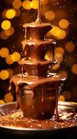 Chocolate Fountain Gushing Against Illuminated Backdrop with Left Copyspace AI Generative photo