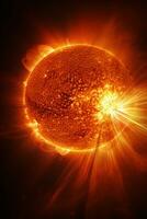 Hyper-realistic image of the sun's surface showcasing the raw power of erupting solar flares AI Generative photo