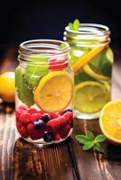 Trendy Assortment of Detox Fruit Water in Vibrant Mason Jars on a Rustic Wooden Tabletop AI Generative photo