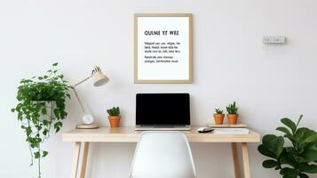 Minimalist and modern home office setup featuring a sleek wooden desk and inspirational wall quote AI Generative photo