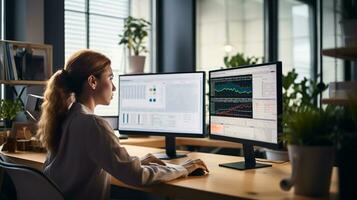 Woman at a technologically equipped workstation with ample top-side copyspace for creative business branding AI Generative photo