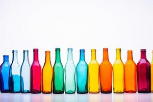 Spectrum of creativity - Vibrant glass bottles on a white backdrop with ample space for text AI Generative photo