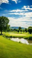 celebrar el radiante belleza de un bien conservado golf curso debajo un soñador cielo ai generativo foto