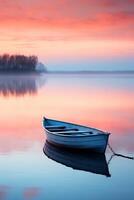 Peaceful dawn over a calm lake with a solitary rowing boat in the distance photo