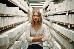 Toilet Paper Towers - Woman's Bewildered Reaction to Panic Buying AI Generative photo