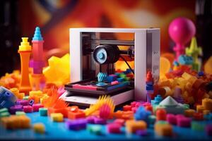 Artistic image of 3D printing process against a colorful backdrop photo