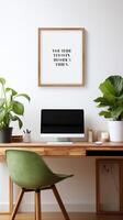 Minimalist and modern home office setup featuring a sleek wooden desk and inspirational wall quote AI Generative photo