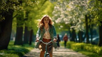 despreocupado mujer disfruta un bicicleta paseo mediante un lozano verde parque abrazando primavera vitalidad ai generativo foto